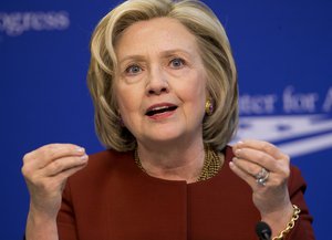 Former Secretary of State Hillary Rodham Clinton speaks at an event hosted by the Center for American Progress (CAP) and the America Federation of State, County and Municipal Employees (AFSCME), Monday, March 23, 2015, in Washington.