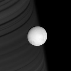 File - Ring shadows line the face of distant Saturn, providing a backdrop for the brilliant, white sphere of Enceladus.