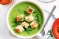 Pea and broccoli soup with grilled cheese sandwich croutons