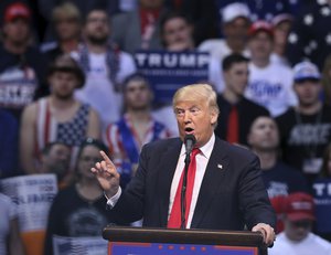 Republican presidential candidate, Donald Trump speaks at a campaign rally Monday, April 25, 2016, in Wilkes-Barre, Pa.  (AP Photo/Mel Evans)