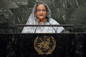 Bangladesh's Prime Minister Sheikh Hasina addresses the 70th session of the United Nations General Assembly, at U.N. Headquarters, Wednesday, Sept. 30, 2015.