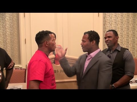 Shane Mosley vs. Ricardo Mayorga crazy staredown! Shane smacks Mayorga's cigarette