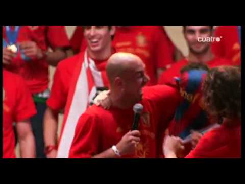 Cesc Fabregas  bundled into Barca shirt by Spain team-mates at World Cup Celebration 2010