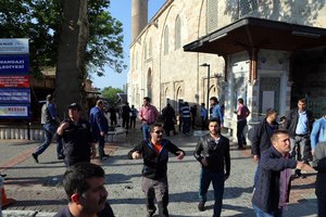 Security officials secure the area after an explosion outside the historical Ulu Cami in Bursa, Turkey, Wednesday, April 27, 2016.