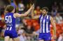 North Melbourne big men Ben Brown and Jarrad Waite celebrate a goal. 