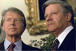 File - Close up of U.S. President Jimmy Carter and German Chancellor Helmut Schmidt, 13 July, 1077.