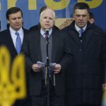 Kiev: Prominent US Senator John McCain openly supporting the Ukrainian right wing then opposition forces that took power in the February 2014 coup. Among the groups McCain lionised are outright fascist parties. Here pictured to McCain’s left is the fascist Svoboda party leader, Oleh Tyahnybok.