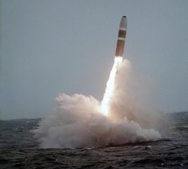 File - A UGM-96 Trident missile clears the water during the 20th demonstration and shakedown launch from the nuclear-powered strategic missile submarine USS Mariano G. Vallejo, 9 October, 1984.