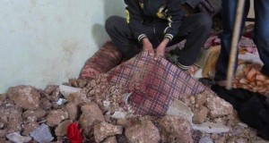 Rubble and a blood soaked mattress from the attack