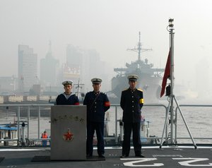 Chinese Peoples Liberation Army (Navy) Sailors assigned to the Chinese frigate Lian Yun Gang (FFG 522) stand watch.