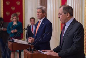 File - With U.S. Assistant Secretary and Spokesperson John Kirby and his Russian counterpart looking on, U.S. Secretary of State John Kerry and Russian Foreign Minister Sergey Lavrov address reporters at a joint news conference at the Kremlin in Moscow, Russia, on March 24, 2016.