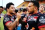 At last: Issac Luke and Jazz Tevaga celebrate their win over the Dragons.