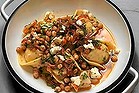 Tortellini with prawn saganaki, fried chickpea, jamon, feta from Mama Baba.