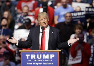 Republican presidential candidate Donald Trump speaks during a campaign stop at the Allen County War Memorial Coliseum, Sunday, May 1, 2016, in Fort Wayne, Ind.