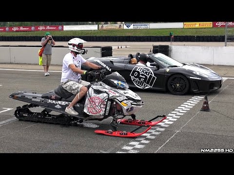 Snowmobile Races Vs. Ferrari 458 and F430 Spider in Drag Race!! - Modball Rally 2015