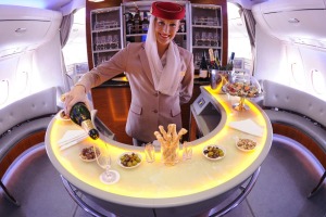 The inflight bar for Business guests aboard an Emirates A380 is a key drawcard.