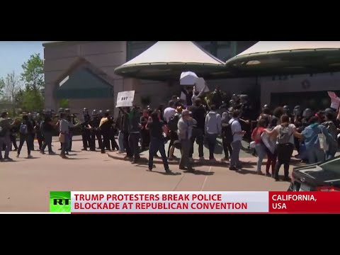 ‘Polarizing & extreme populist’: Trump protesters rush California GOP convention