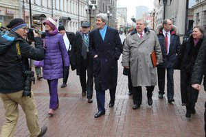 U.S. Secretary of State John Kerry, with U.S. Ambassador to Russia John Tefft and Assistant Secretary of State European and Eurasian Affairs Toria Nuland, enjoys a stroll down Arbat Street during a break amid meetings with Russian Foreign Minister Sergey Lavrov and Russian President Vladimir Putin in Moscow, Russia, on December 15, 2015.