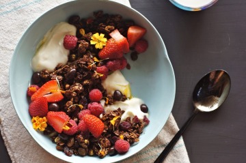 Spiced chocolate granola, served with fresh berries and Greek yoghurt.           