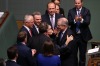 Treasurer Scott Morrison is congratulated by Minister Julie Bishop after he gave the Budget address at Parliament House ...