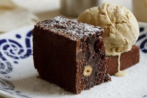A very grown-up brownie, served with a scoop of Carajillo ice-cream.
