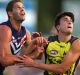 Fremantle's Aaron Sandilands and Tiger Ivan Soldo contest the ruck during their NAB Challenge match. 