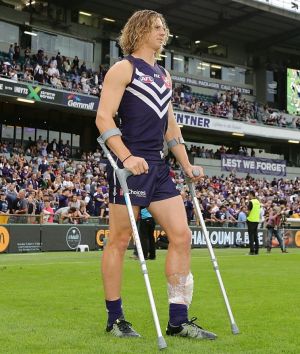 Nat Fyfe broke his leg for a second time in the Dockers loss to Carlton in round five.