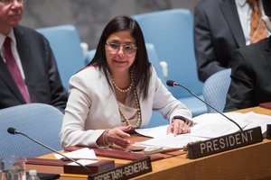 Delcy Eloína Rodríguez Gómez, Minister for Foreign Affairs of the Bolivarian Republic of Venezuela and President of the Security Council for February, addresses the Council’s debate on “Respect for the principles and purposes of the Charter of the United Nations as a key element for the maintenance of international peace and security”.