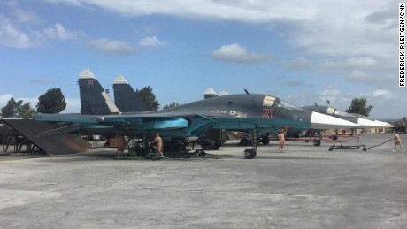 Two Russian SU-34s on the tarmac at Hmeymim base in northern Syria, May 4, 2016.