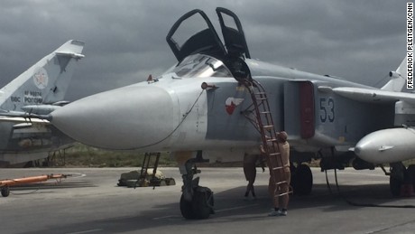 A SU-24 Russian strike aicraft at the Hmeymim airbase in Syria, May 4, 2016.