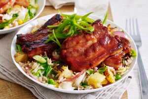 Plum-glazed pork with pineapple rice