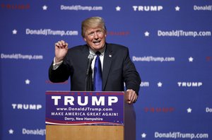 In this Aug. 19, 2015 file photo, Republican presidential candidate businessman Donald Trump speaks in Derry, N.H. Trump has until Sept. 30 to pledge to rule out a third-party run if he intends to appear on the South Carolina primary ballot.