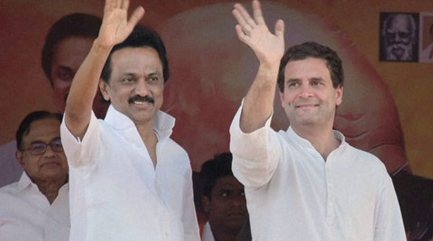 Madurai: Congress Vice President Rahul Gandhi and DMK Treasurer M K Stalin at an election rally ahead of Tamil Nadu legislative assembly elections at Umatchikulam,Madurai on Saturday PTI Photo (PTI5_7_2016_000198B)