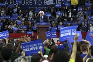 Democratic presidential candidate, Sen. Bernie Sanders, I-Vt., speaks at a campaign rally Sunday, May 8, 2016 in Piscataway, N.J. (AP Photo/Mel Evans)