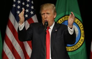 Republican presidential candidate Donald Trump speaks during a rally in Spokane, Wash., Saturday, May 7, 2016.