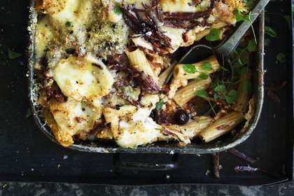 Adam Liaw's three-cheese ziti pasta bake.