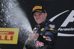 Red Bull driver Max Verstappen of the Netherlands celebrates after winning the Spanish Formula One Grand Prix at the Barcelona Catalunya racetrack in Montmelo, just outside Barcelona, Spain, Sunday, May 15, 2016.