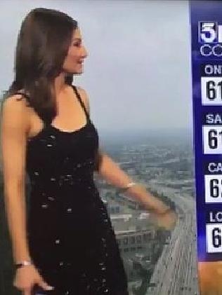 CREDIT: KTLA A FEMALE weather reporter was forced to cover up her “revealing” party dress live on air following a number of viewer complaints. Meteorologist Liberté Chan was dressed in a beaded black frock, which was cut just above-the-knee and had spaghetti straps, while carrying out a broadcast on Californian station, KTLA Channel 5.