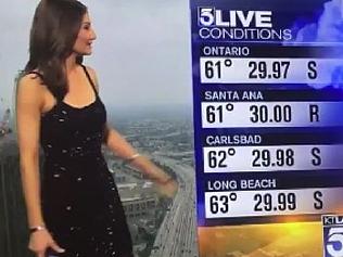 CREDIT: KTLA A FEMALE weather reporter was forced to cover up her “revealing” party dress live on air following a number of viewer complaints. Meteorologist Liberté Chan was dressed in a beaded black frock, which was cut just above-the-knee and had spaghetti straps, while carrying out a broadcast on Californian station, KTLA Channel 5.