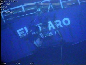 This undated image made from a video and released Tuesday, April 26, 2016, by the National Transportation Safety Board shows the stern of the sunken ship El Faro.