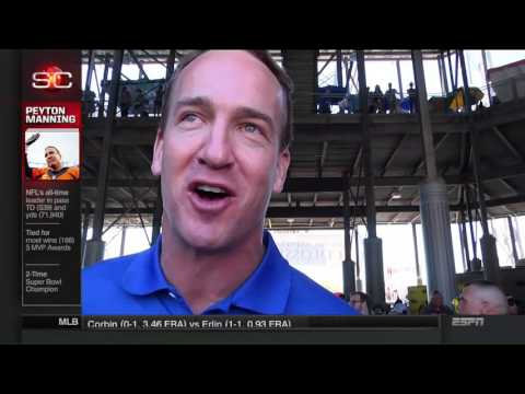 Peyton Manning and Dale Earnhardt, Jr with Marty Smith at Bristol Motor Speedway