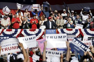 Republican presidential candidate Donald Trump speaks at a rally Saturday, May 7, 2016, in Lynden, Wash.