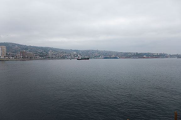 Valparaiso, Chile, view towards south from fishing pier in bay.