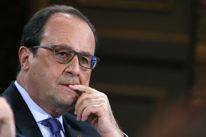 French President Francois Hollande attends a national conference on Handicap at the Elysee Palace in Paris, Thursday, May 19, 2016.