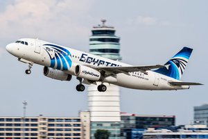 This August 21, 2015 photo shows an EgyptAir Airbus A320 with the registration SU-GCC taking off from Vienna International Airport, Austria. Egyptian aviation officials said on Thursday May 19, 2016 that an EgyptAir plane with the registration SU-GCC, traveling from Paris to Cairo with 66 passengers and crew on board has crashed off the Greek island of Karpathos.