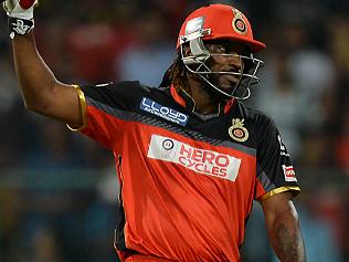 Royal Challengers Bangalore batsman Chris Gayle raises his bat to celebrate 50 runs during the 2016 Indian Premier League (IPL) Twenty20 cricket match between Royal Challengers Bangalore and Kings XI Punjab, at The M. Chinnaswamy Stadium in Bangalore on May 18, 2016. / GETTYOUT / ----IMAGE RESTRICTED TO EDITORIAL USE - STRICTLY NO COMMERCIAL USE----- / GETTYOUT / / AFP PHOTO / MANJUNATH KIRAN / ----IMAGE RESTRICTED TO EDITORIAL USE - STRICTLY NO COMMERCIAL USE----- / GETTYOUT