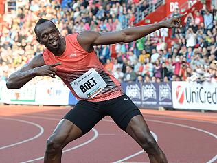 Usain Bolt of Jamaica poses after winning the Men's 100m event at the IAAF World challenge Zlata Tretra (Golden Spike) athletics tournament in Ostrava, on May 20, 2016. / AFP PHOTO / PIERRE ANDRIEU