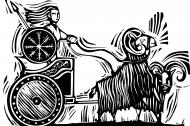 Norse Goddess Frigg riding in a chariot pulled by goats.