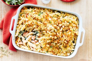 Salmon and silverbeet mac 'n' cheese with lemon thyme crumb