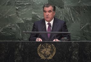 File - Emomali Rahmon, President of the Republic of Tajikistan, addresses the United Nations summit for the adoption of the post-2015 development agenda.